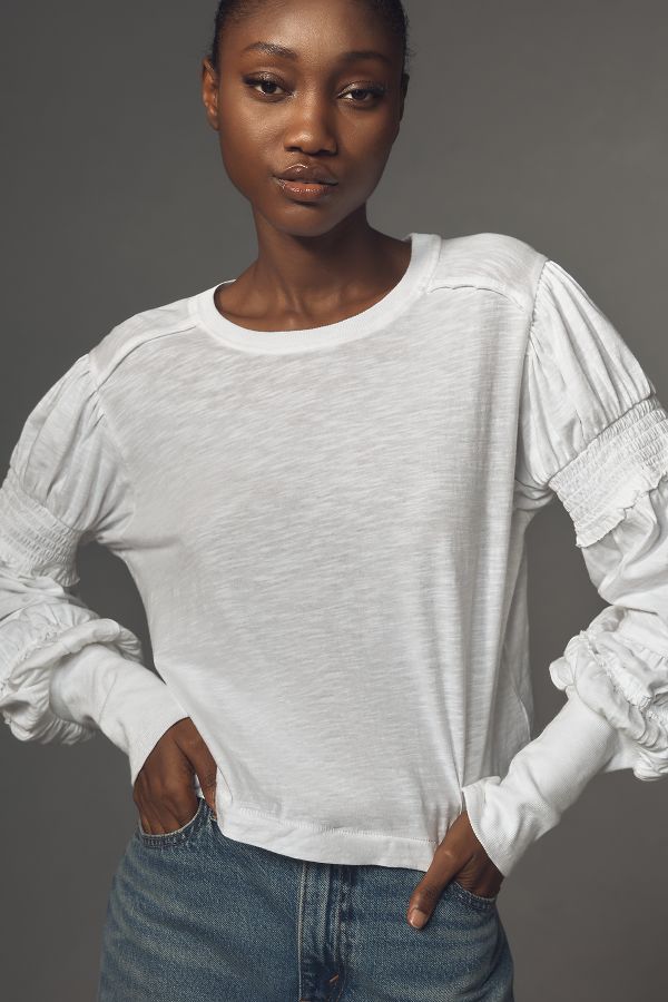 Slide View: 4: Pilcro Crew-Neck Ruched & Smocked-Sleeve Top