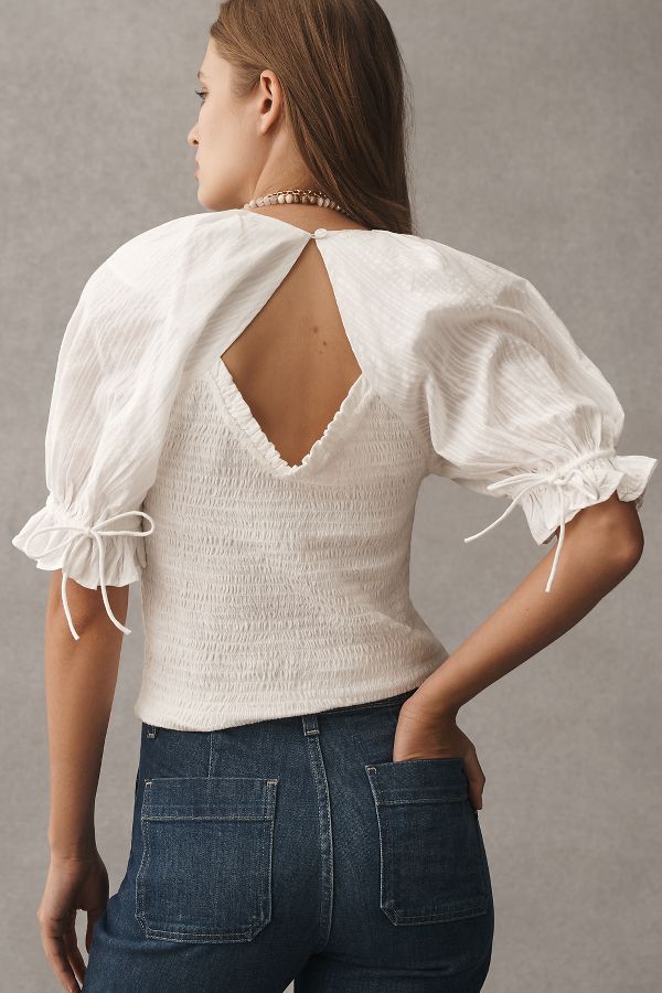 Slide View: 2: By Anthropologie Seersucker Smocked Puff-Sleeve Crop Top