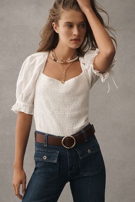 Von Anthropologie Seersucker Gerafftes Puffärmel-Crop-Top