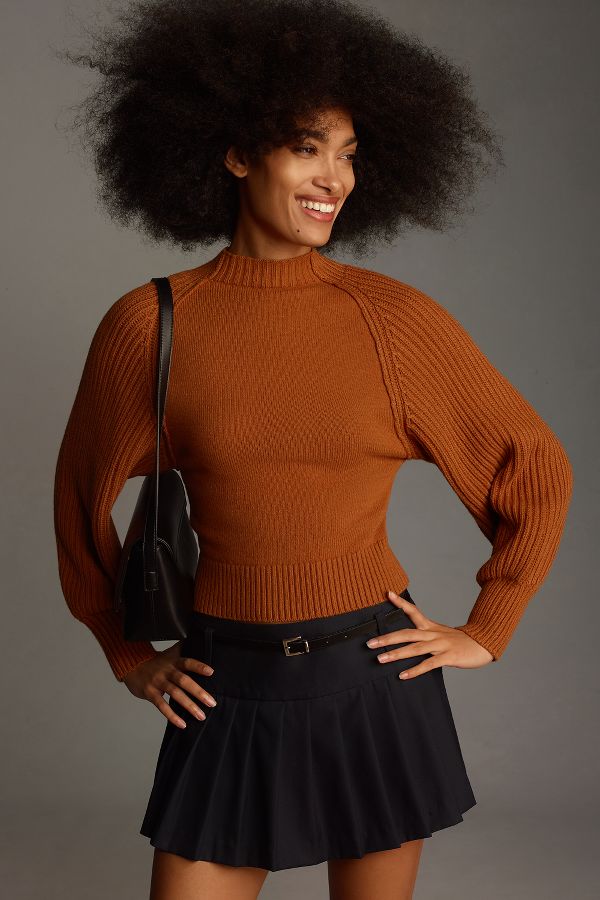 Slide View: 1: Maeve Mock-Neck Raglan Ribbed Sleeve Pullover Sweater