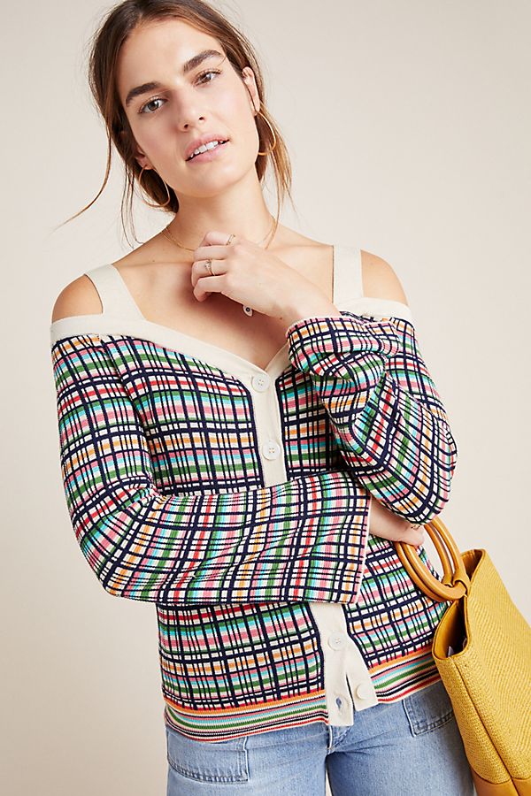 Slide View: 1: Krissy Plaid Cold-Shoulder Cardigan