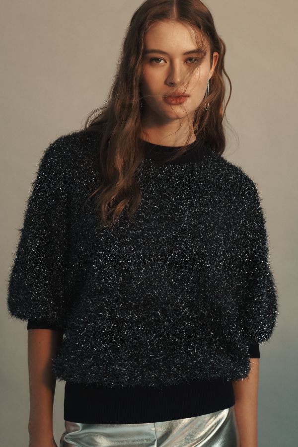 Slide View: 5: The Violette Short-Sleeve Tinsel Sweater by Maeve