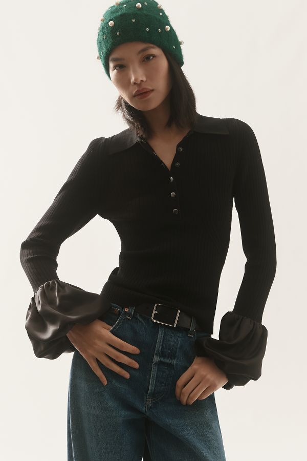 Slide View: 1: Maeve Satin-Cuff Polo Jumper