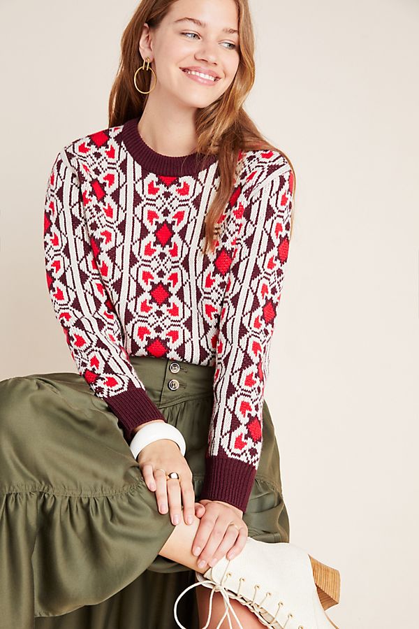 Slide View: 1: Geometric Floral Cropped Pullover