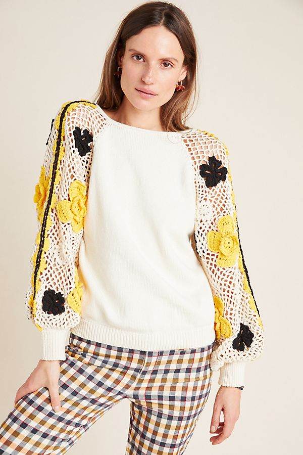 Slide View: 1: Lisa Crochet-Sleeved Sweater