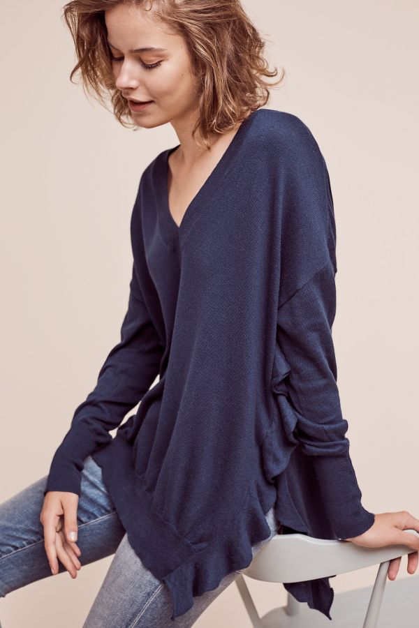 Ruffled V-Neck Pullover | Anthropologie