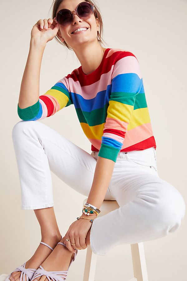 Slide View: 1: Rainbow-Striped Cashmere Pullover