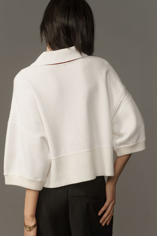 Slide View: 2: Maeve Elbow-Sleeve Compact Collared V-Neck Sweater