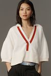 Thumbnail View 1: Maeve Elbow-Sleeve Compact Collared V-Neck Sweater