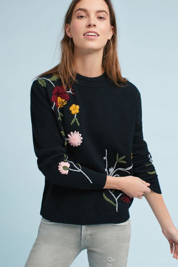 Embroidered Floral Pullover Anthropologie 3492