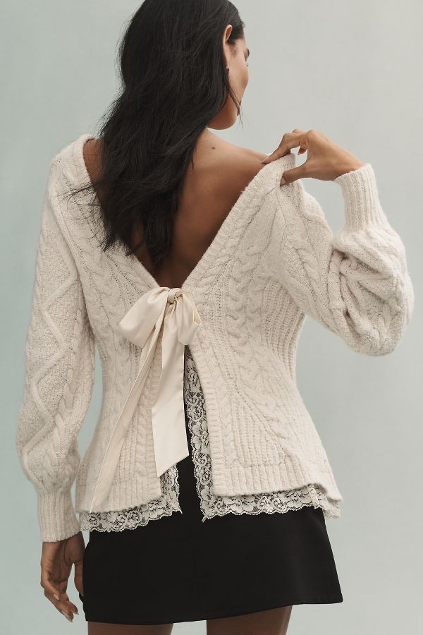 Slide View: 2: By Anthropologie Open-Back Bow-Detail Chunky-Knit Sweater