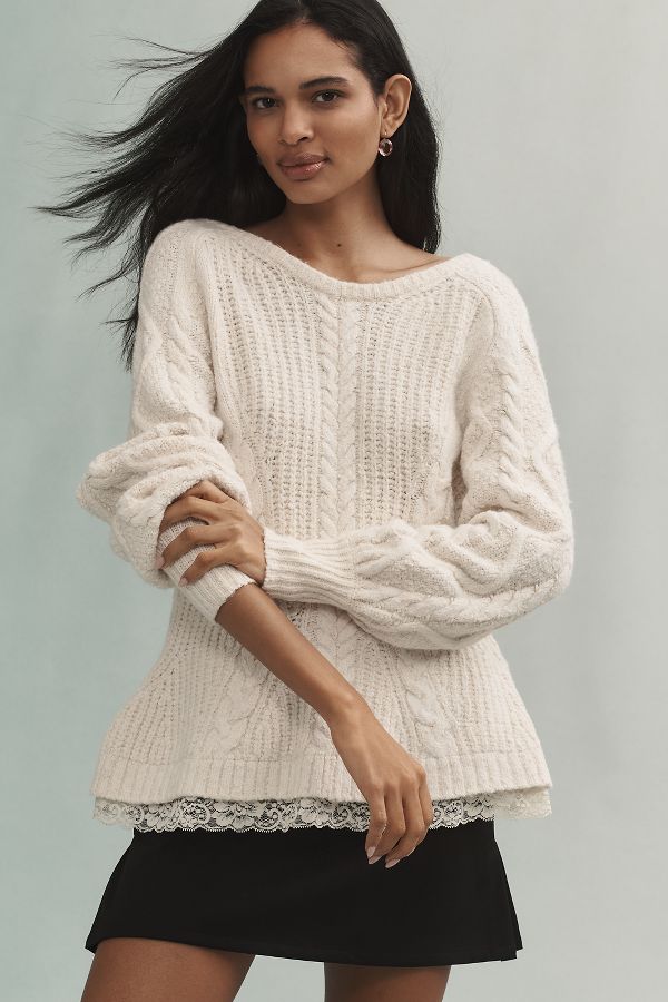 Slide View: 1: By Anthropologie Open-Back Bow-Detail Chunky-Knit Sweater