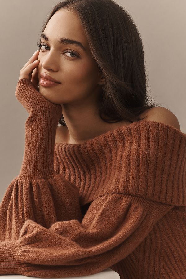 Slide View: 2: The Tessa Off-The-Shoulder Puff-Sleeve Sweater