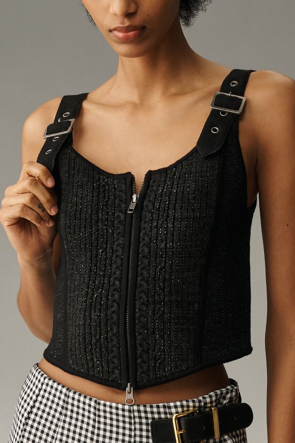 Slide View: 3: Pilcro Scoop-Neck Zip-Front Corset Sweater