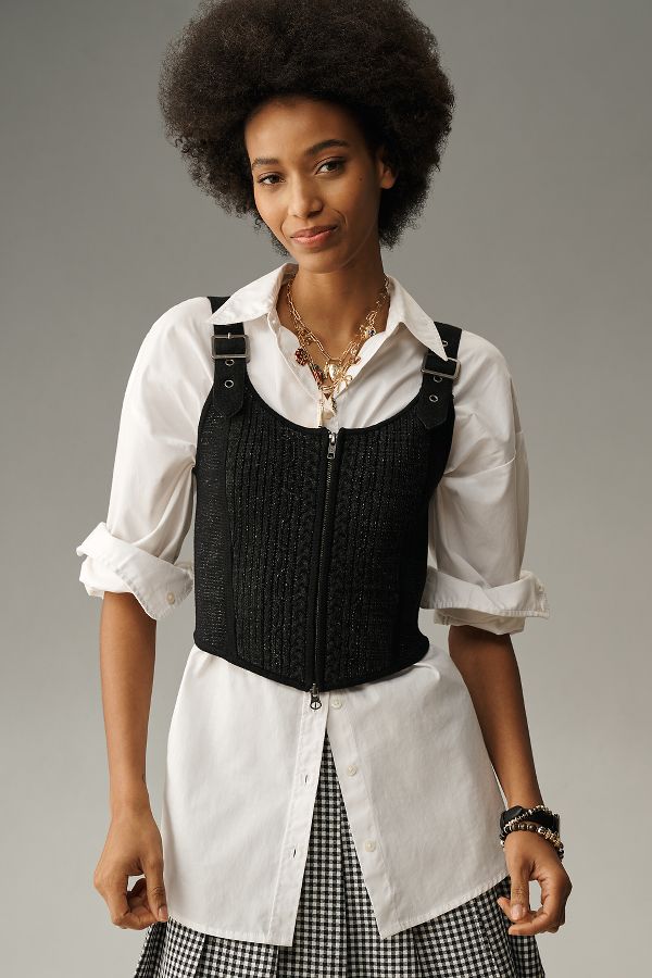 Slide View: 1: Pilcro Scoop-Neck Zip-Front Corset Sweater