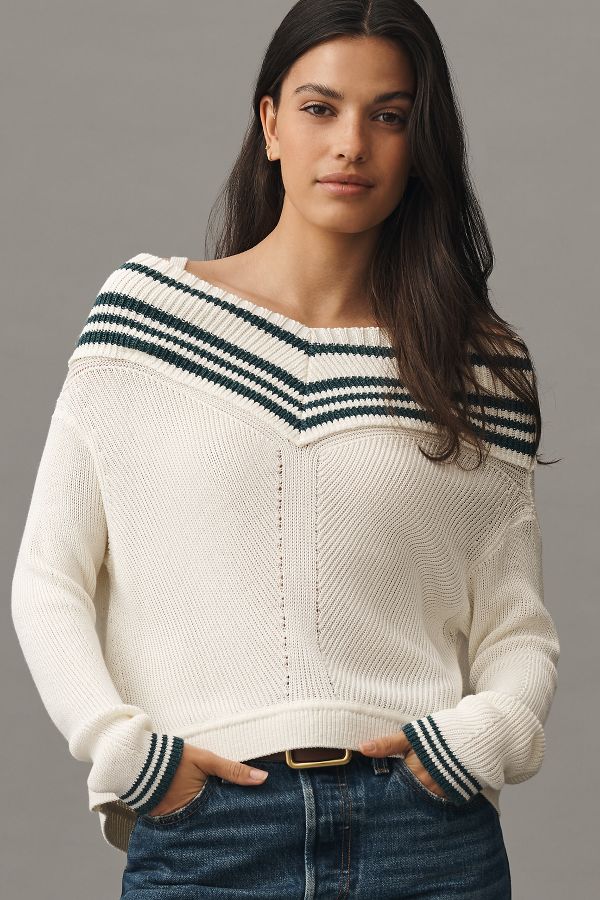 Slide View: 1: Maeve Off-The-Shoulder V-Boatneck Sweater