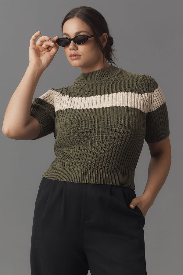 Slide View: 5: Pilcro Striped Short Sleeve Mock-Neck Sweater