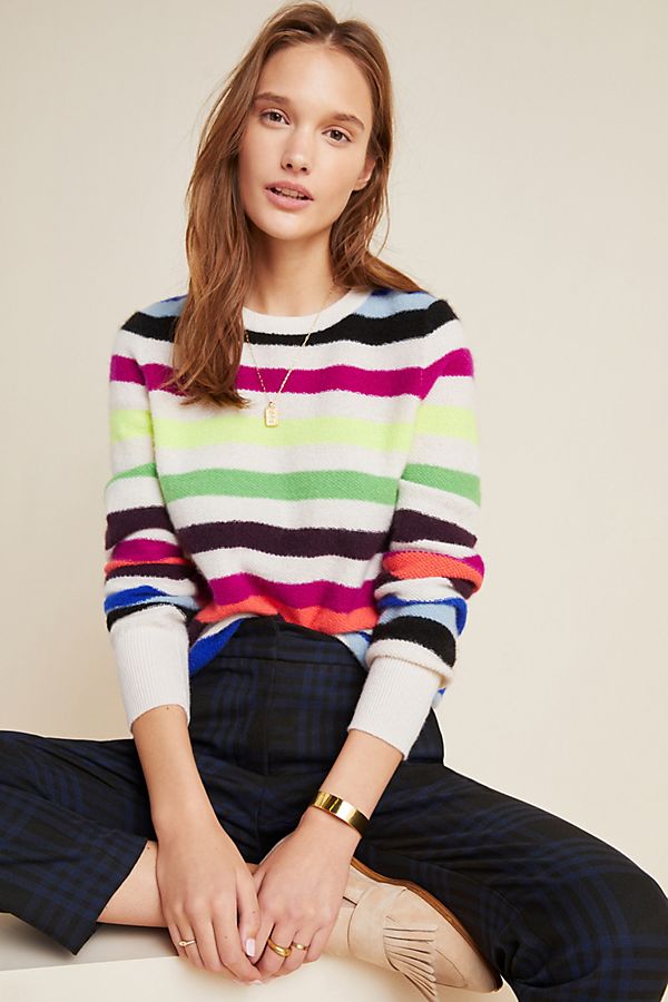 Slide View: 1: White + Warren Striped Cashmere Sweater