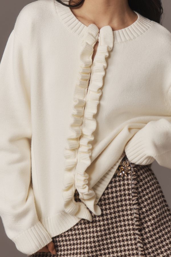 Slide View: 4: English Factory Ruffle-Trim Cardigan Sweater