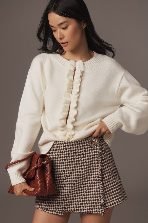 Slide View: 1: English Factory Ruffle-Trim Cardigan Sweater