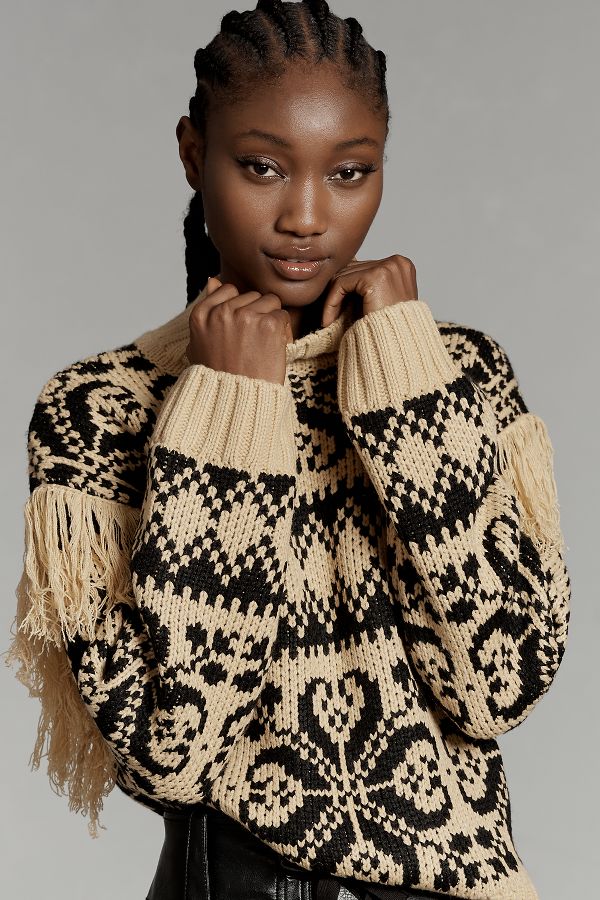 Slide View: 1: English Factory Fringe-Sleeve Mock-Neck Sweater