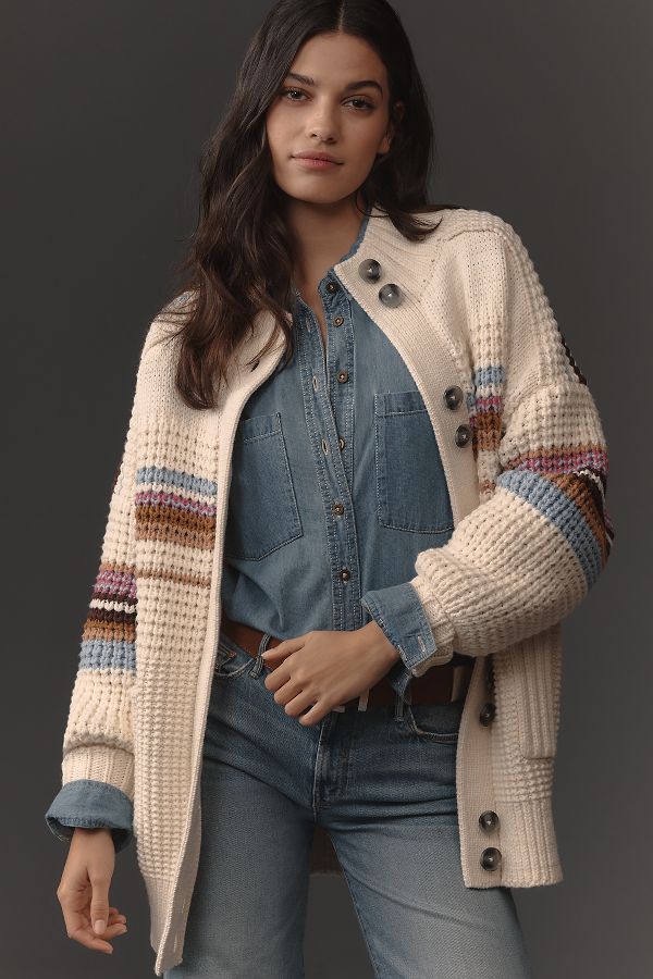 Slide View: 1: Maeve High-Collar Mixed-Stitch Cardigan Sweater