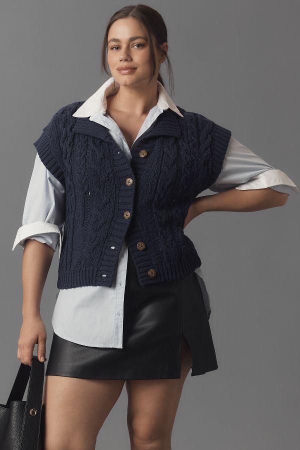 Slide View: 5: Pilcro Collared Cable Cardigan Sweater Vest