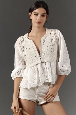 Par Anthropologie Demi-Zip Gilet Blouse Eyelet