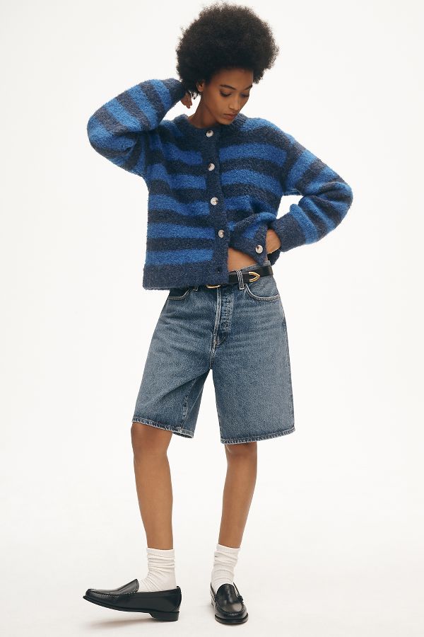 Slide View: 4: FRNCH Crew-Neck Stripe Bouclé Cardigan