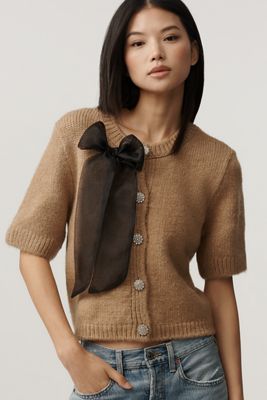 Maeve Short-Sleeve Bow Cardigan Sweater