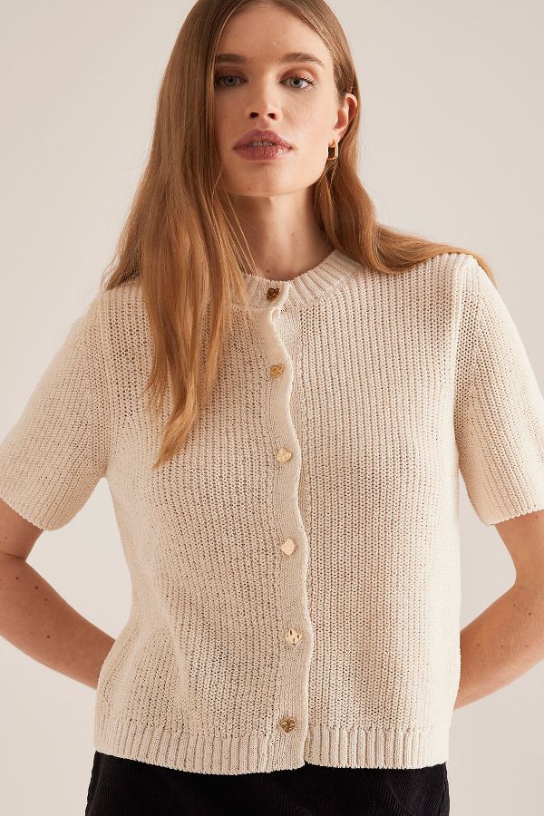 Slide View: 6: Maeve Short-Sleeve Button-Front Cardigan Sweater