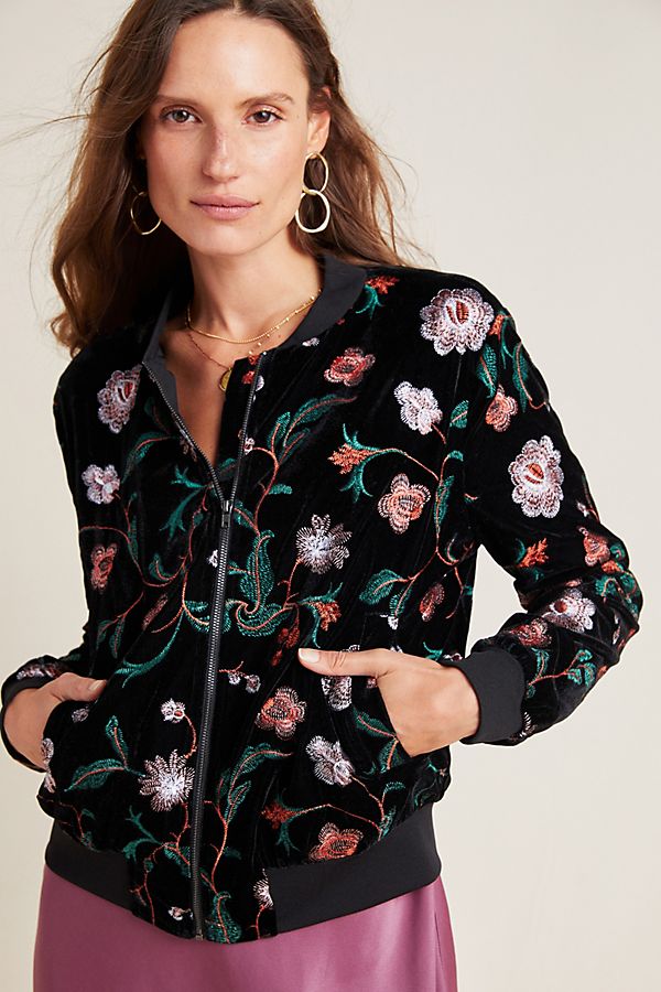 Slide View: 1: Hilaire Embroidered Velvet Bomber Jacket