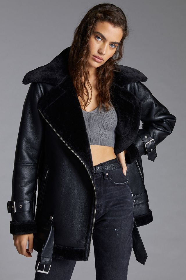 Sherpa-Trimmed Faux Leather Moto Jacket | Anthropologie