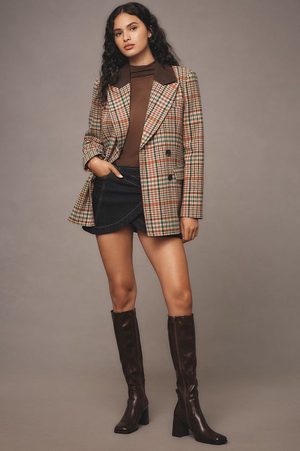 Slide View: 2: Avec Les Filles Double-Breasted Elbow-Patch Plaid Jacket 