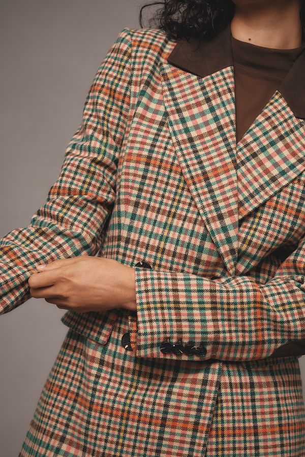 Slide View: 3: Avec Les Filles Double-Breasted Elbow-Patch Plaid Jacket 