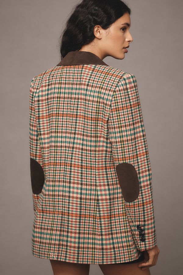 Slide View: 4: Avec Les Filles Double-Breasted Elbow-Patch Plaid Jacket 