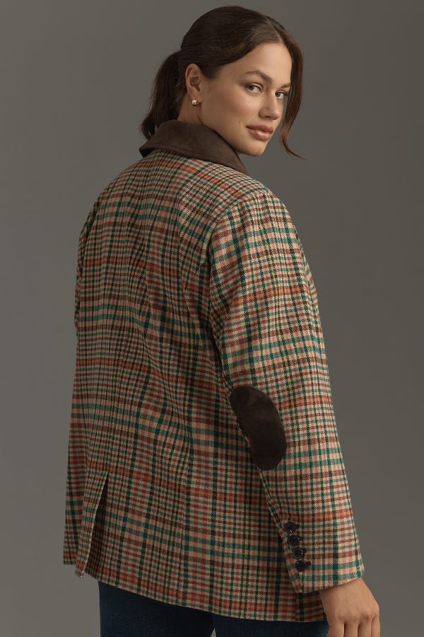 Slide View: 6: Avec Les Filles Double-Breasted Elbow-Patch Plaid Jacket 