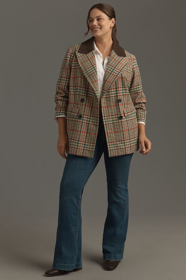 Slide View: 7: Avec Les Filles Double-Breasted Elbow-Patch Plaid Jacket 