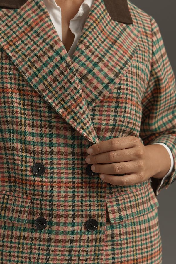 Slide View: 8: Avec Les Filles Double-Breasted Elbow-Patch Plaid Jacket 