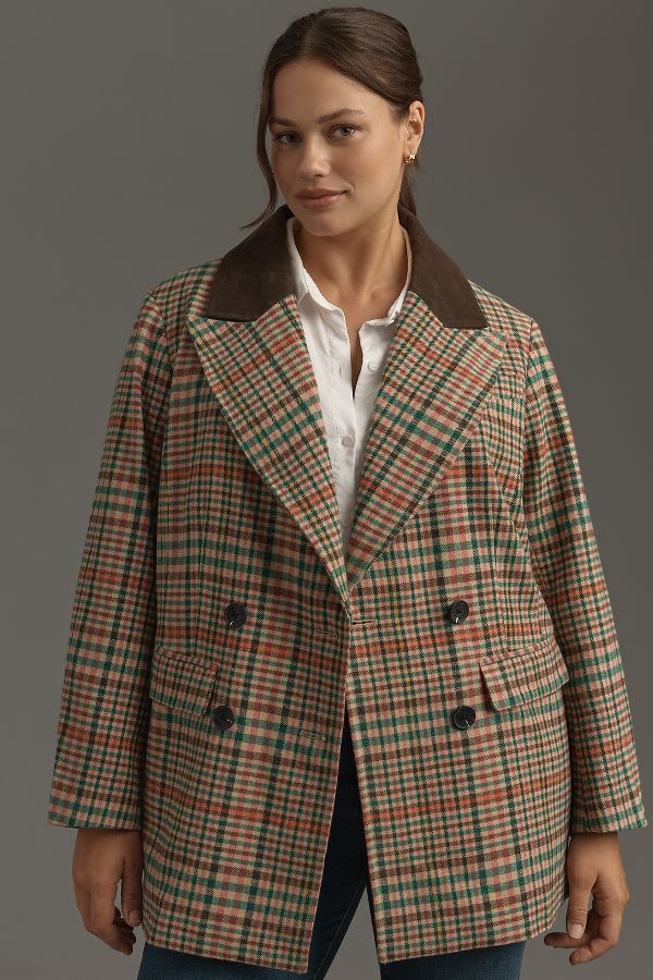 Slide View: 5: Avec Les Filles Double-Breasted Elbow-Patch Plaid Jacket 