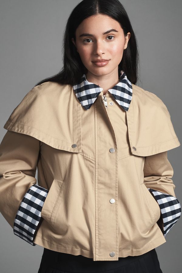 Slide View: 1: Avec Les Filles Gingham-Trim Cape Jacket