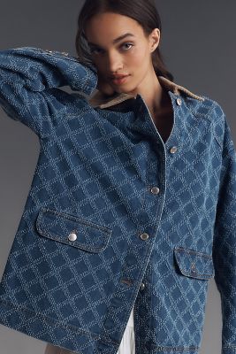 Avec Les Filles Diamond-Pattern Denim Barn Jacket