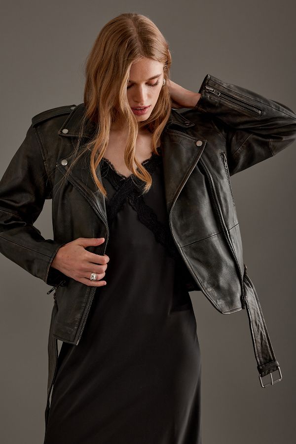 Slide View: 1: Veste de motard en cuir Nana Selected Femme