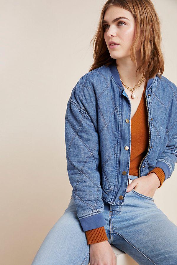 Slide View: 1: Lindy Quilted Denim Bomber Jacket