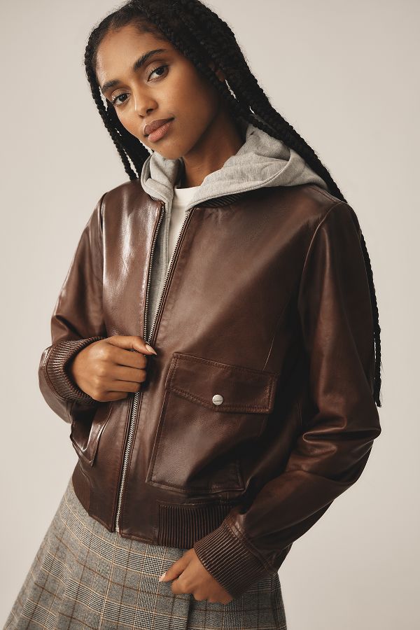 Slide View: 1: Lamarque Candace Leather Bomber Jacket