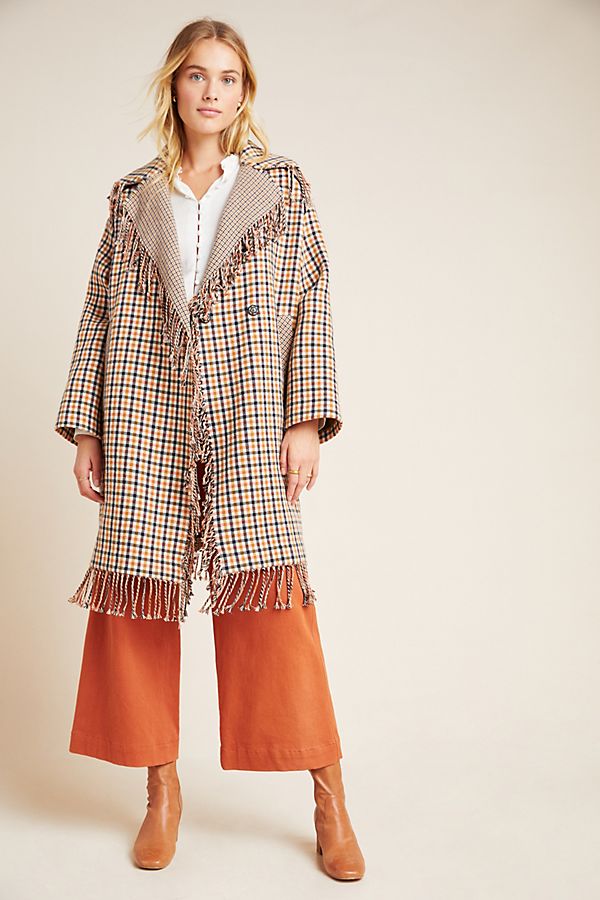 Slide View: 1: Delfina Fringed Plaid Coat