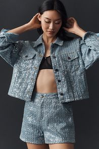 Slide View: 2: Flat White Sequin Houndstooth Denim Jacket