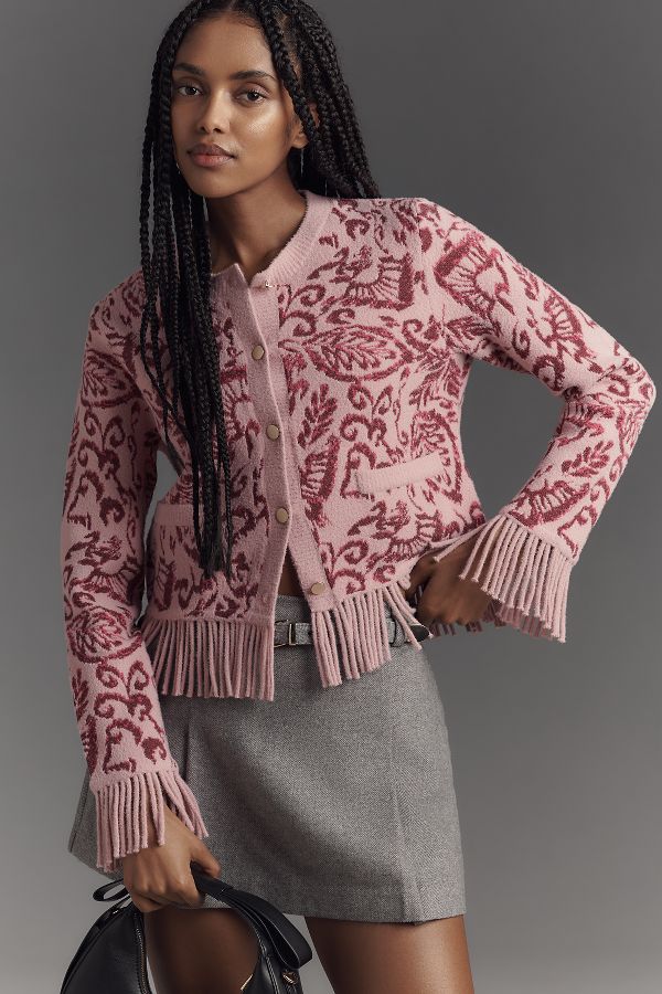 Slide View: 1: NVLT Fringed & Patterned Knit Lady Jacket 