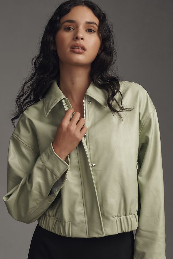 Slide View: 2: Maeve Faux-Leather Deep-V-Neck Bomber