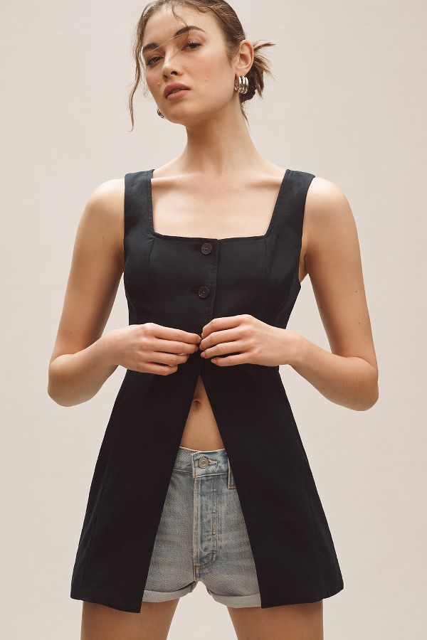 Slide View: 1: By Anthropologie Linen Longline Cut-Away Vest